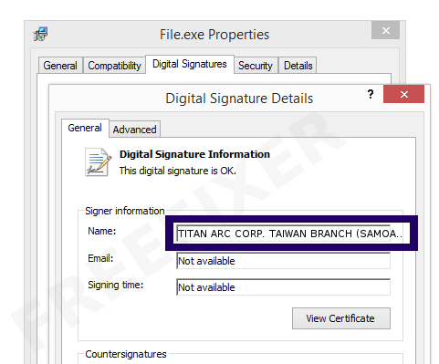 Screenshot of the TITAN ARC CORP. TAIWAN BRANCH (SAMOA) certificate